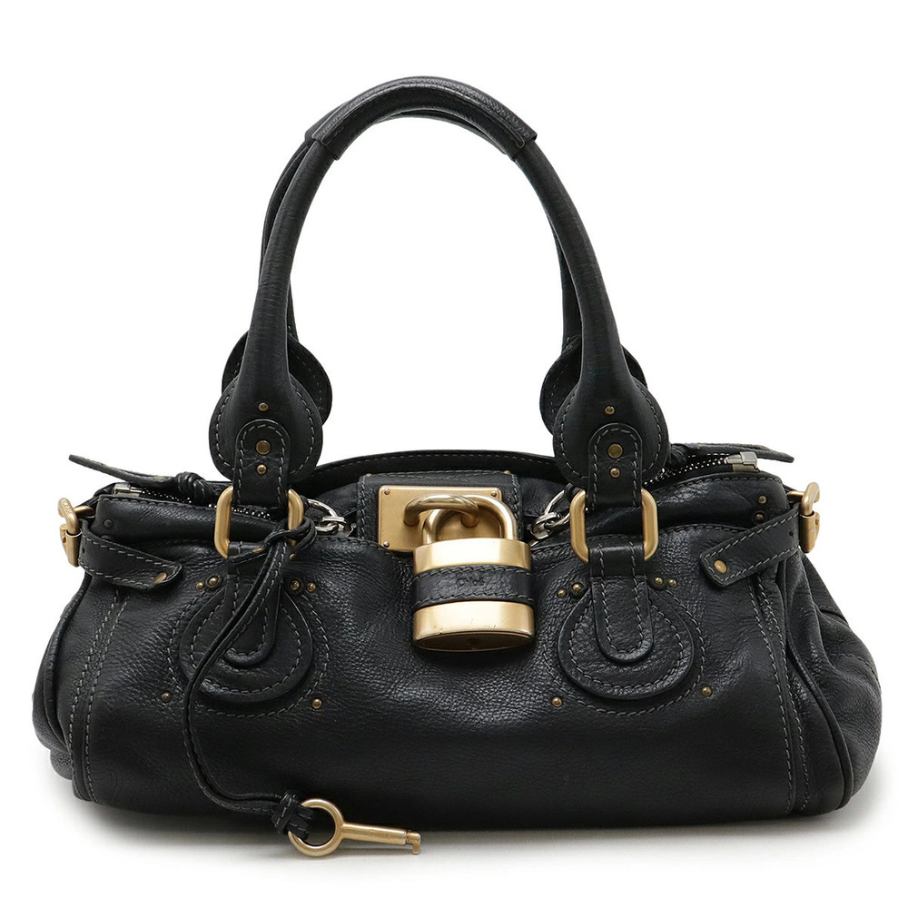 Chloe Paddington Handbag Boston Bag Shoulder Padlock Leather Black